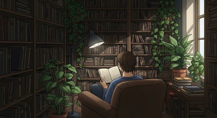  Cozy Night Scene of a Person Reading a Book in a Home Library, Bathed in the Warm Glow of a Desk Lamp.