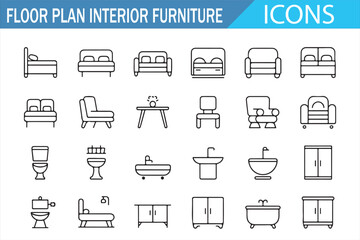 Minimal line vector icons representing furniture layout for architectural floor plans