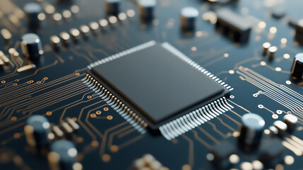 A close-up shows a sleek, dark circuit board with a prominent central processor. Golden lines trace pathways, connecting various electronic components in a high-tech design.