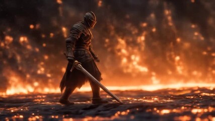 Armored figure, sword drawn, stands amidst a fiery landscape, looking towards the right - Powered by Adobe