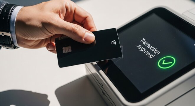 Man tapping credit card for contactless payment at modern terminal, transaction approved