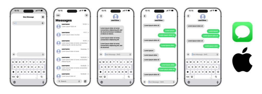 iMessage iPhone 17 Pro Max iOS 26 mockup with chats, reactions, stickers, GIFs, media, typing indicators, search, and notifications in modern mobile vector design