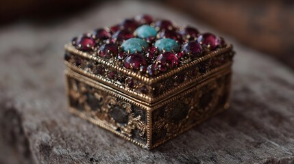 Obraz premium Exquisite ornate golden box with red and turquoise gemstones on rustic wood
