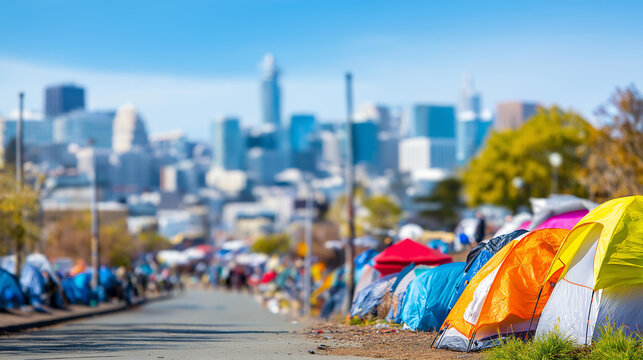 Housing crisis with skyrocketing rents, families evicted and homeless tents in cities, affordability protests, urban inequality depicted, gritty street realism, blurred background,
