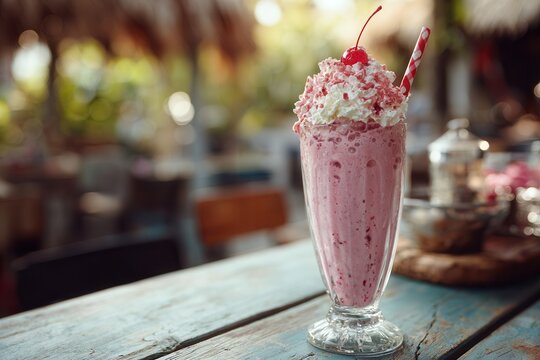 Close-up of a classic American strawberry milkshake in a tall glass with whipped cream and a cherry on top