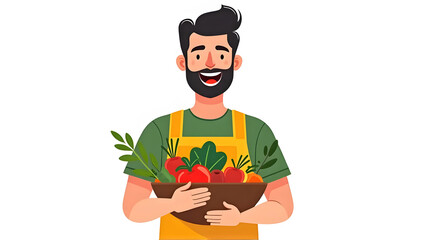 Illustration of a woman holding a basket of fresh fruits and vegetables . World Vegetarian Day