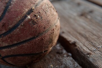 Close-up of a worn basketball with visible texture and scratches, placed on a rustic wooden floor