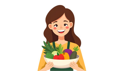 Illustration of a woman holding a basket of fresh fruits and vegetables . World Vegetarian Day	