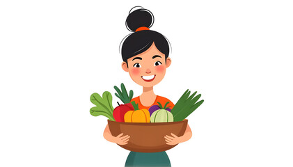 Illustration of a woman holding a basket of fresh fruits and vegetables . World Vegetarian Day	