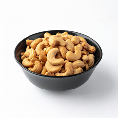 Roasted Cashew Nuts in a Black Bowl on White