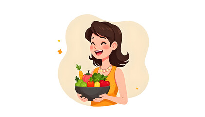Illustration of a woman holding a basket of fresh fruits and vegetables . World Vegetarian Day	