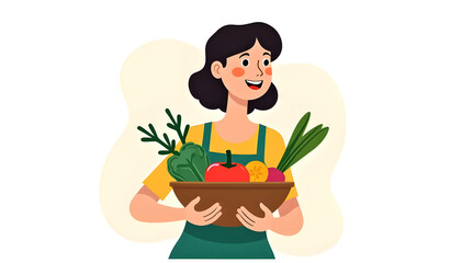 Illustration of a woman holding a basket of fresh fruits and vegetables . World Vegetarian Day	