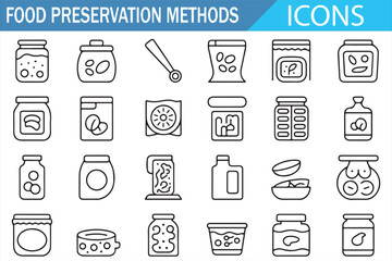 Outline illustration of canning jars, vacuum sealing, freezing, and dehydrating symbols
