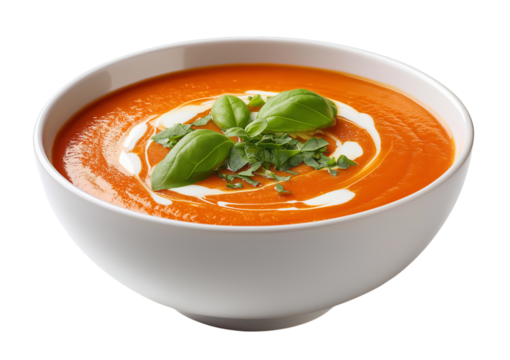 Tomato soup with cream swirl and basil isolated on a transparent background