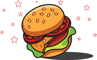 hamburger vector design.fast food  sticker. Burger sticker with star background
