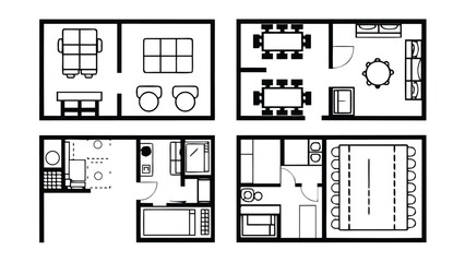 Home Interior Design CAD Drawings. Top View Outline Vector Furniture and Floor Plan Elements for Architecture Projects