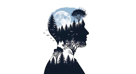  Double Exposure Illustration of a Man's Profile with a Tranquil Forest and Full Moon Landscape Within.