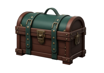 Dome shaped wooden chest with green straps isolated on a transparent background