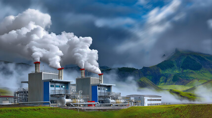 Geothermal plants tapping Earth's heat, steam vents and turbines generating power, underground renewable source, volcanic landscapes with green tech, energy innovation art, blurred
