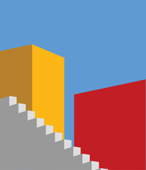 Fototapeta premium Abstract minimal building with blue sky background. Geometric Modern Architecture Illustration. Minimal Colorful Building on a Sunny Day. Abstract Shapes and Flat colorful building Design. Modern art.