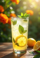Fototapeta premium Refreshing Ice-Cold Lemonade with Mint Garnish in a Vibrant Sunny Garden Setting
