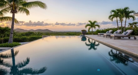 Calm infinity pool reflects the sky and surrounding tropical landscape at sunset.