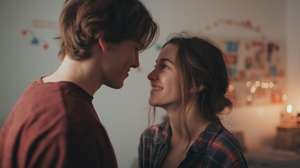 Naklejka premium romantic scene Caucasian young love couple smiling leaning face close together at home 