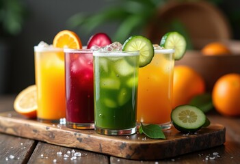 Fototapeta premium Rustic Wooden Tray Assortment with Colorful Juice Shots Fresh Healthy Vibrant Tones Refreshing Natural Uniquely Crafted Beauty