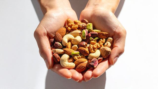 Hand holding assorted mixed nuts on white background