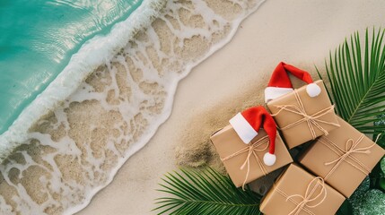 Tropical beach scene with wrapped Christmas gifts. Brown boxes with red Santa hats placed on green palm leaves near the turquoise ocean waves.