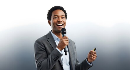 Engaging African American Male Speaker Presenting with Microphone and Remote.