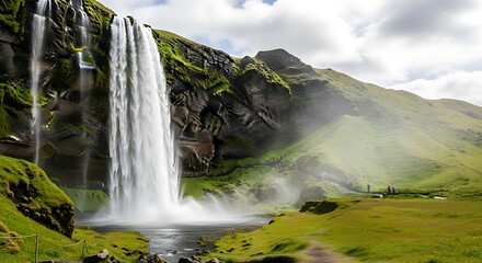 Obraz premium Majestic Waterfall Cascading Down Mossy Cliffs.