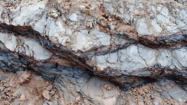 Close-up of layered rock formations showing different strata and textures ideal for geology or earth science educational materials