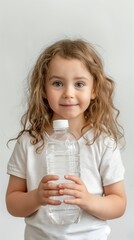 A young Caucasian girl with curly brown hair holds a clear plastic water bottle. She smiles, emphasizing the importance of drinking water.