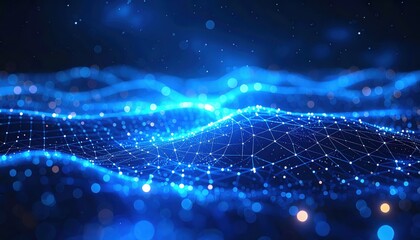 Abstract 3D digital network blue waves, glowing particle lines and futuristic mesh. Technology, big data, AI and science concept for business, backgrounds or presentations.