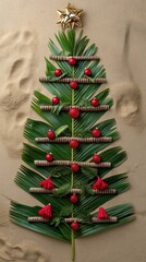 A tropical Christmas tree made of palm leaves, decorated with red ornaments and a golden star on top. The background is sandy, evoking a beach setting.