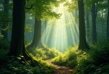 Obraz premium Enchanting Lush Forest Sunlight Rays Illuminating Vibrant Green Canopy Nature Beauty