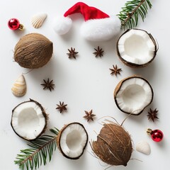 Coconuts, seashells, and Christmas decorations arranged on a white surface. Tropical elements combined with festive ornaments create a unique holiday scene.