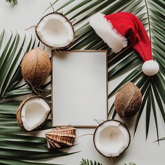 Tropical Christmas scene with a red Santa hat, coconuts, and palm leaves surrounding a blank frame. Ideal for festive holiday themes in warm climates.