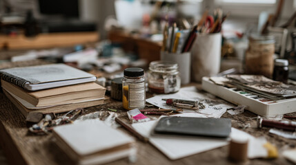 Creative artist desk mockup with paint brushes, jars, and stationery scattered across wooden workspace under warm natural light