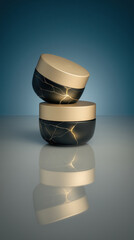 Two elegant jars with a cracked texture and golden seams, showcasing the kintsugi aesthetic. The jars reflect light against a smooth surface, emphasizing their imperfect beauty.