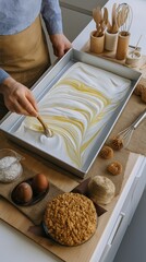 A person prepares yogurt bark on a parchment sheet. The scene includes berry shards, eggs, and various baking tools. It represents a healthy dessert concept.