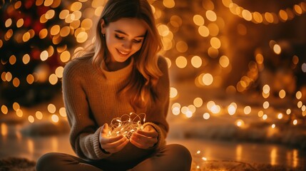 A young Caucasian woman with long blonde hair sits on the floor, smiling while holding glowing fairy lights. The background is softly illuminated with warm, festive lights.