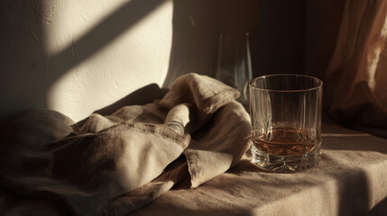 Glass perfume bottle with metallic cap on wrinkled beige cloth illuminated by sunlight, minimal product composition in warm tones for beauty and lifestyle concepts