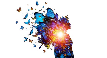 Abstract Silhouette of a Woman Exploding into Blue Butterflies with Glowing Heart.