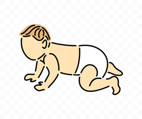 Baby in diapers crawling, side view, graphic design. Infant in nappy, toddler, childhood, children, vector design and illustration