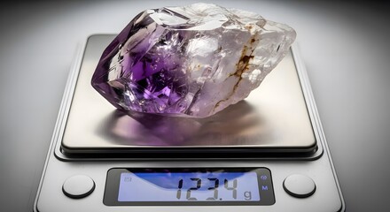 Raw amethyst crystal being weighed on a digital scale