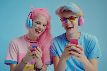 Two young people with colorful hair and headphones are smiling while using their smartphones. The background is bright blue, creating a playful atmosphere.