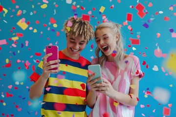 Two young friends, a Caucasian girl with long blonde hair and a boy with curly blond hair, smile while holding smartphones. Colorful confetti falls around them.