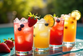 Fototapeta premium Vibrant Summer Fruit Cocktails Refreshing Tropical Compositions with Colorful Garnishes Bright Juicy Flavors Blissful Relaxation